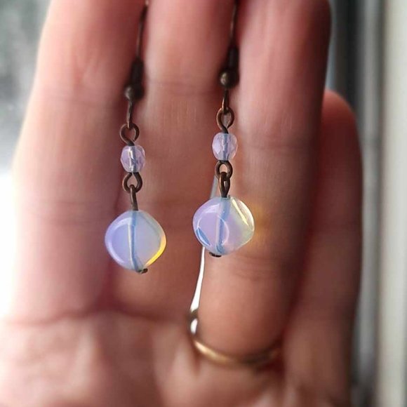GORGEOUS Opalite & Genuine Rose Quartz Faceted Bead Hook Earrings - Picture 3 of 6